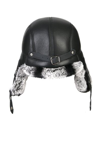 fubileather Yamtar Gri Tavşan Kürklü Ushanka Pilot Deri Şapka
