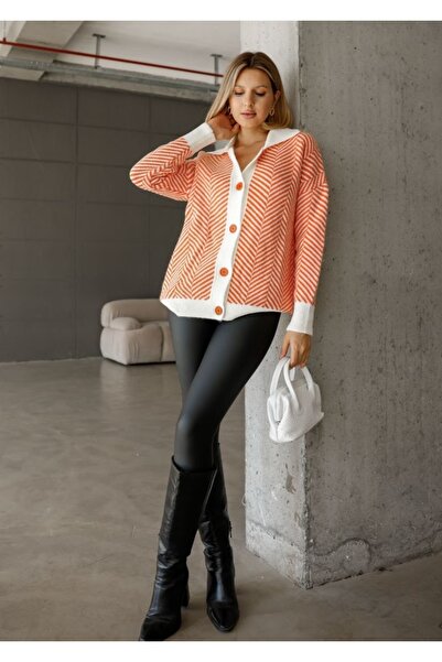 EsSo butik Women's Shirt Collar Striped Colorful Button Detailed Standard Size Oversize Knitwear Cardigan