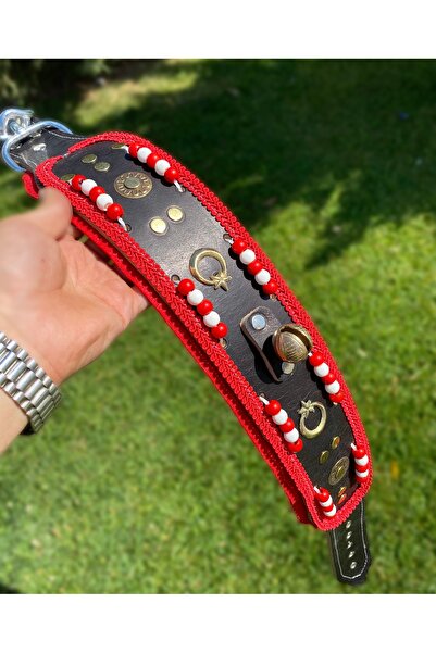 Sürmeli Tasma Kangal Köpek Tasması Zilli Hakiki Deri Kırmızı Beyaz Boncuklu