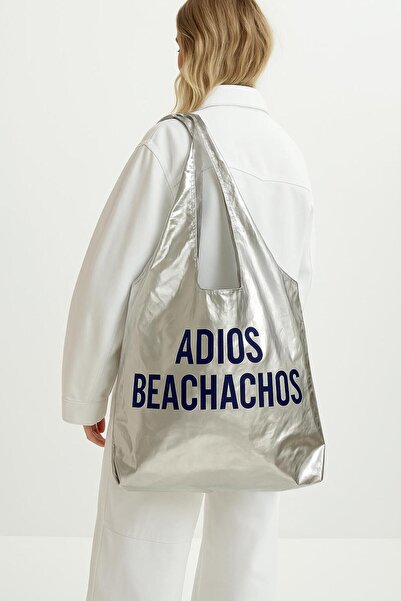 nobag Shopper Omuz Çanta Metalik Gümüş Kumaş 44x56cm