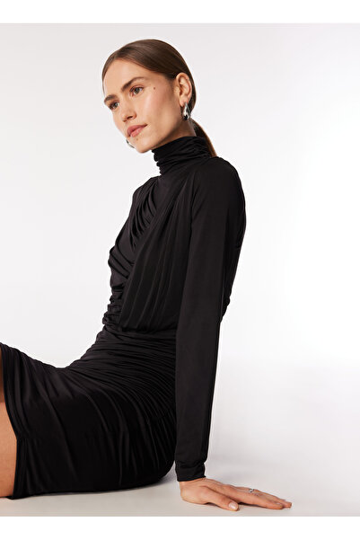 Fabrika Siyah Kadın Dik Yaka Drapey Fit Elbise F4WL-ELB0534