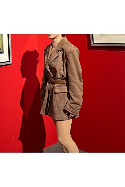 LEVABOUTIQUE Kadın Kahverengi Vatkalı Oversize Süet Blazer Ceket