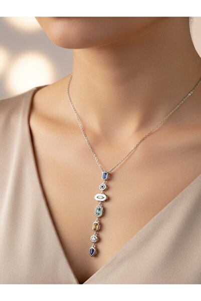 KANERUZ Silver Color 7 Elements Colorful Stone Y Necklace