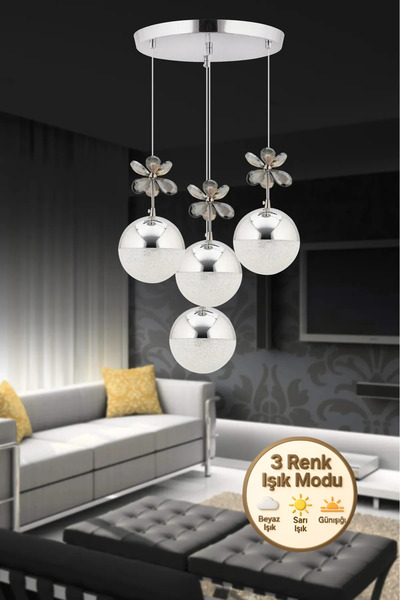 Marsel Lighting Kelebek 4'lü Krom Sarkıt 3 Renk Modu Ledli Kristal Taşlı Mode...