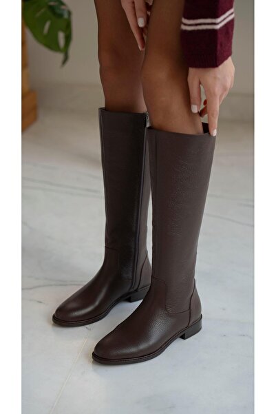 ECENİN BUTİĞİ Adel Kahve Deri Fermuarlı Hakiki Deri Kadın Çizme