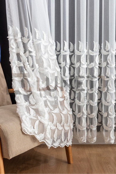 LUNETT HOME Ready to Use Foldet Linen Leaf Patterned Tasseled Sparsely Pleated Tulle Curtain