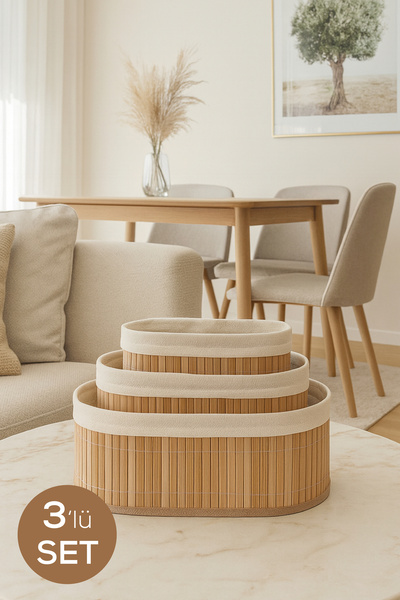 Vienev Bambu Hasır Oval 3'lü Organizer Sepet Seti - Çok Amaçlı Düzenleyici