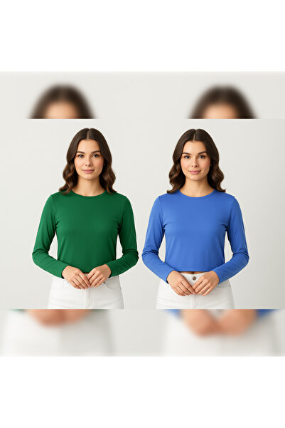 ArdaEge Women's 2 Pieces Blue-Green Cotton Stretchy Long Sleeve Blouse
