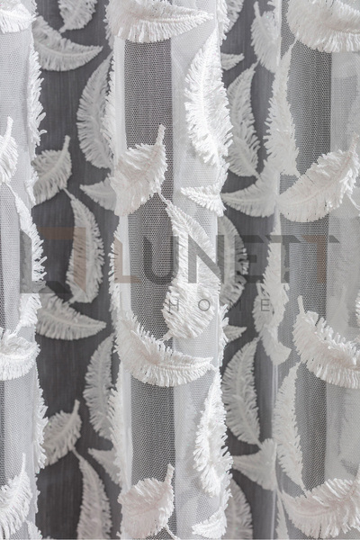 LUNETT HOME Ready to Use Foldet Linen Leaf Patterned Tasseled Sparsely Pleated Tulle Curtain