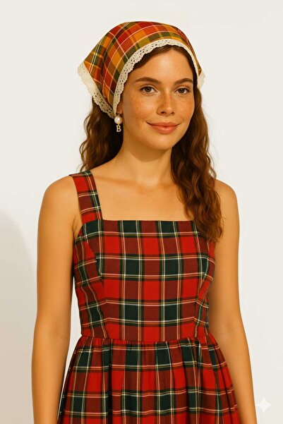 Handmade Betty Bands Plaid Pattern Triangle Lace-Up Bandana Shawl Scarf