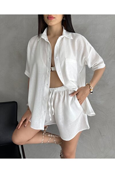 Fav Style Women's Aerobin Linen Short Sleeve Shirt and Shorts Bottom-Top Suit White