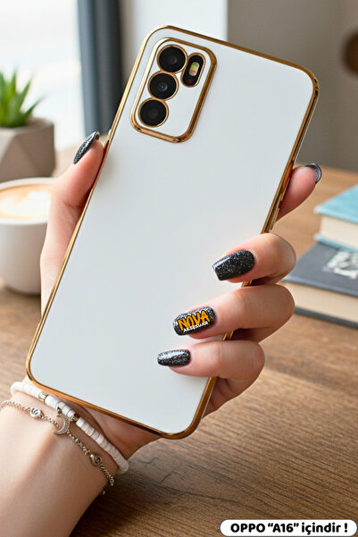 cepmoda OPPO "A16" Kılıf Kenarları Gold Çizgili Parlak Esnek Kapak - BEYAZ