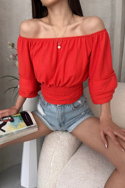 Fav Style Women's Madonna Collar Waist Gimped Spanish Sleeve Crop Blouse Orange