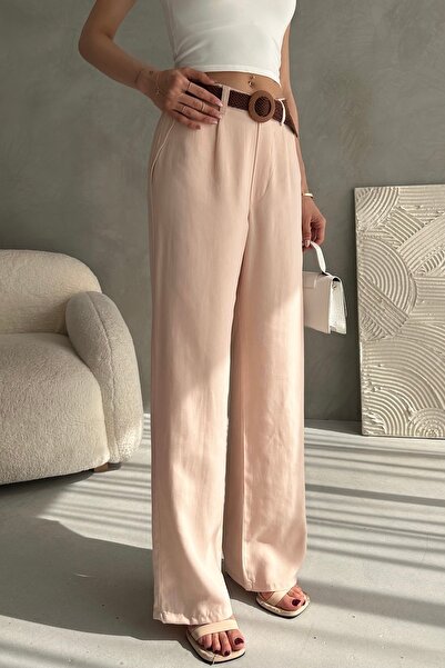 Fav Style Women's High Waist Belted Pipe Leg Linen Trousers Light Beige