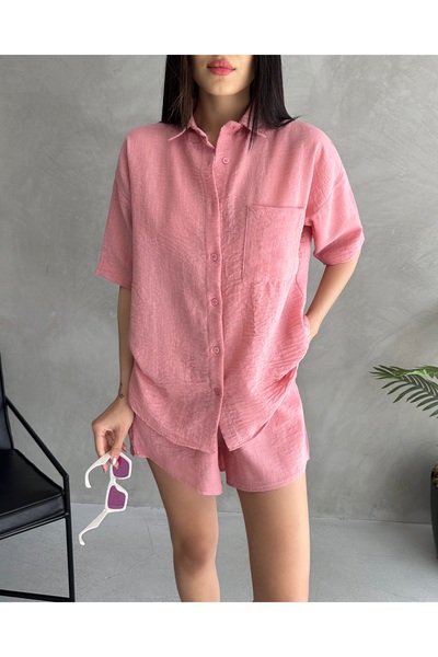 Fav Style Women's Aerobin Linen Short Sleeve Shirt and Shorts Bottom-Top Suit Pink