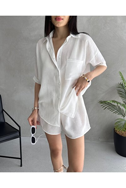 Fav Style Women's Aerobin Linen Short Sleeve Shirt and Shorts Bottom-Top Suit White