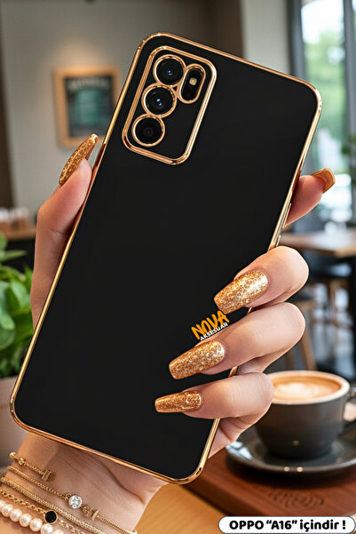 cepmoda OPPO "A16" Kılıf Kenarları Gold Çizgili Parlak Esnek Kapak - SİYAH