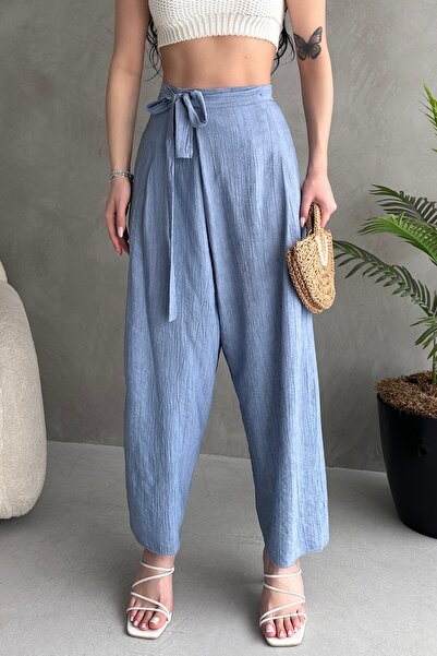 Fav Style Дамски панталон с висока талия и връзки - Широки крачоли и детайли,...