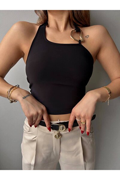 Fav Style Kadın Sırt Dekolteli Toka Detaylı Kolsuz Crop Bluz Siyah