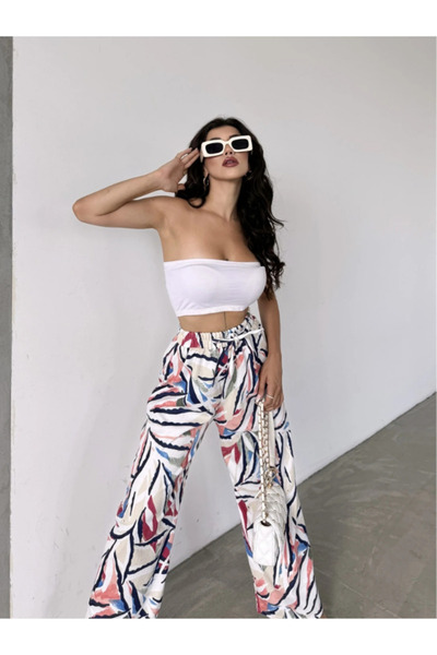 Fav Style High Waist Elastic Pattern Palazzo Pants, White
