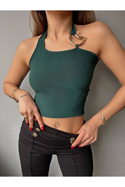 Fav Style Kadın Sırt Dekolteli Toka Detaylı Kolsuz Crop Bluz Zümrüt Yeşili