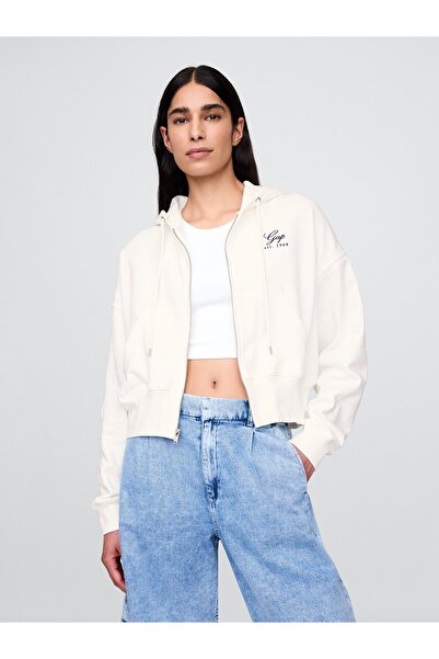 GAP Kadın Beyaz VintageSoft Fermuarlı Gap Logo Sweatshirt