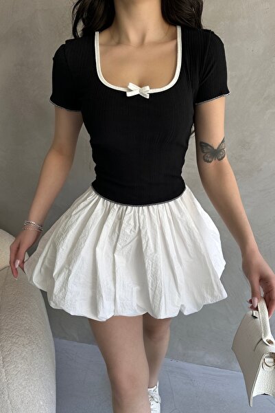 Fav Style Bluză de damă cu mânecă scurtă, cu decolteu în U, cu fundă, neagră