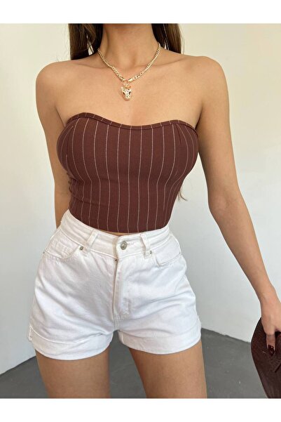 Fav Style Дамска кафява блуза без презрамки на райета