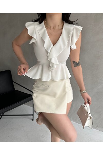 Fav Style Women's V-Neck Shoulders and Front Ruffle Detail Blouse White