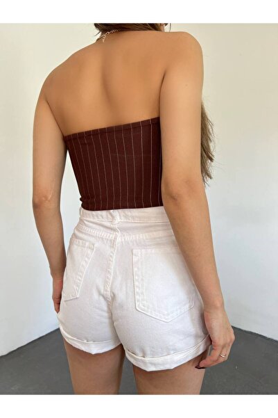 Fav Style Дамска кафява блуза без презрамки на райета