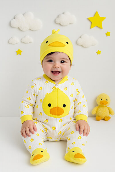 AKİ MODA KİDS Girl and Boy Chick Jumpsuit with Hat, Set of 2 Cotton Sets