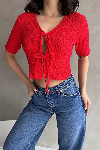 Fav Style Women's Short Sleeve Front Tie Detail Crop Seersucker Blouse Red