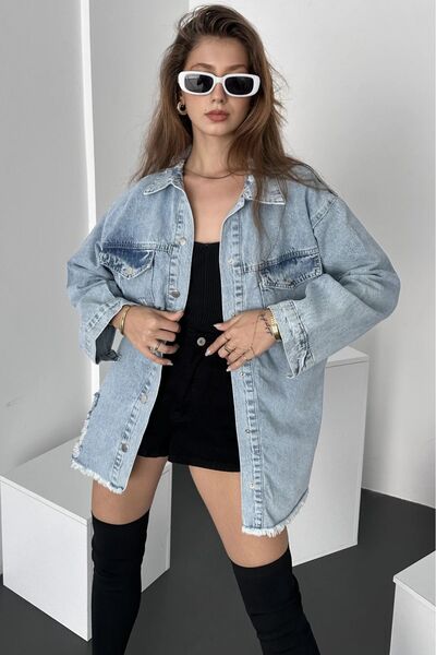 Fav Style Jachetă de cămașă supradimensionată pentru femei, decupată cu laser, albastru lavabil