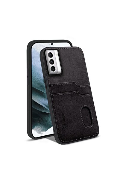 Zebana Samsung Galaxy S22 Uyumlu Kılıf Kartlıklı Lüx Deri Kılıf Siyah