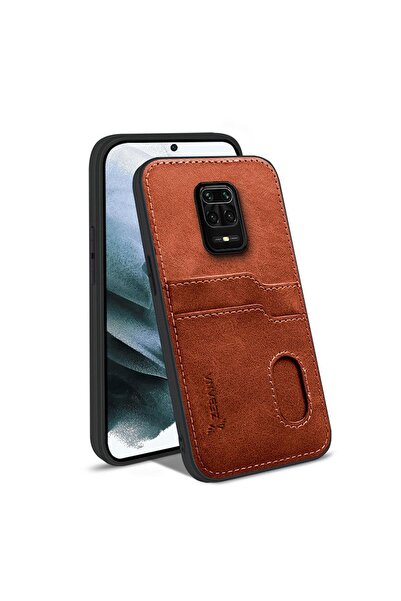 Zebana Xiaomi Redmi Note 9S Uyumlu Kılıf Kartlıklı Lüx Deri Kılıf Kahverengi