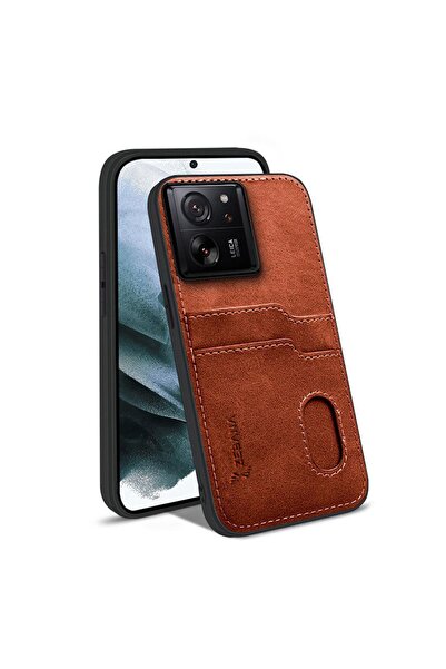 Zebana Xiaomi Mi 13T Uyumlu Kılıf Kartlıklı Lüx Deri Kılıf Kahverengi