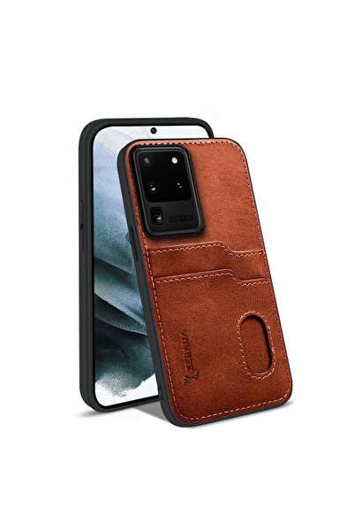 Zebana Samsung Galaxy S20 Ultra Uyumlu Kılıf Kartlıklı Lüx Deri Kılıf Kahverengi