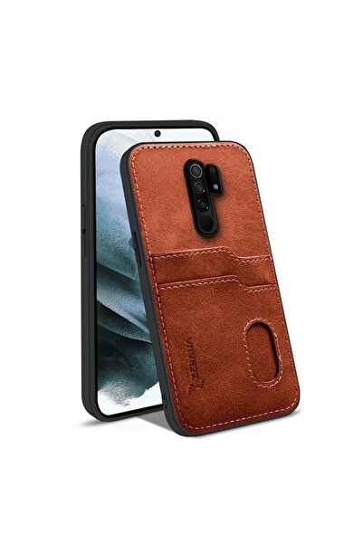 Zebana Xiaomi Redmi 9 Uyumlu Kılıf Kartlıklı Lüx Deri Kılıf Kahverengi