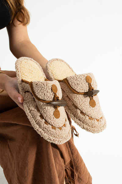 Moda Devrin Beige Ivory Stitched Washable Winter Women's Slippers
