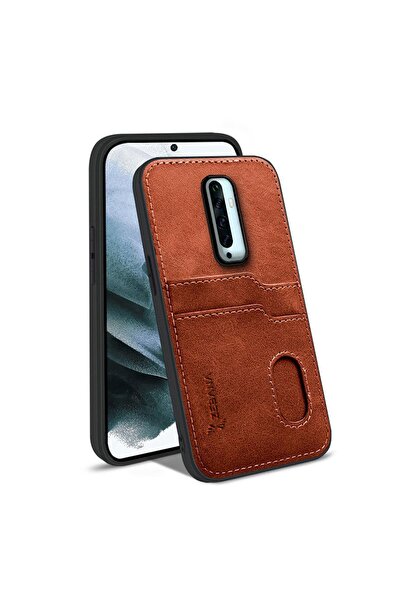 Zebana Oppo Reno 2Z Uyumlu Kılıf Kartlıklı Lüx Deri Kılıf Kahverengi