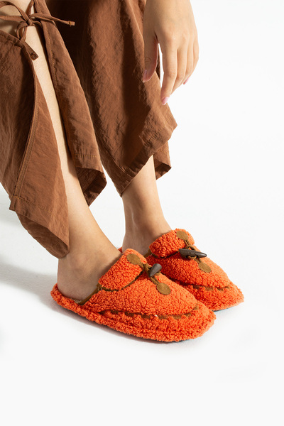 Moda Devrin Orange Ivory Stitched Washable Winter Women's Slippers
