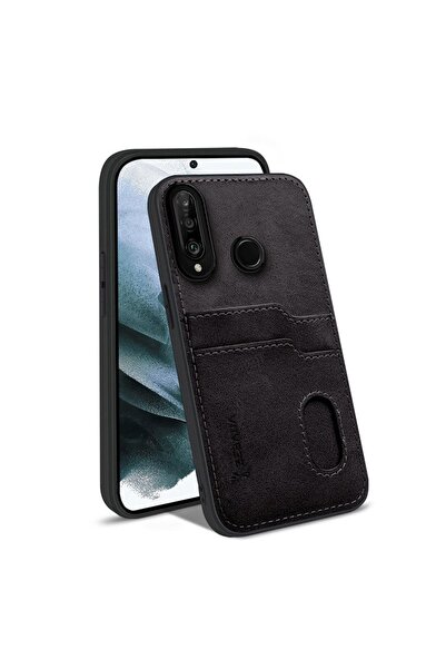 Zebana Huawei P30 Lite Uyumlu Kılıf Kartlıklı Lüx Deri Kılıf Siyah