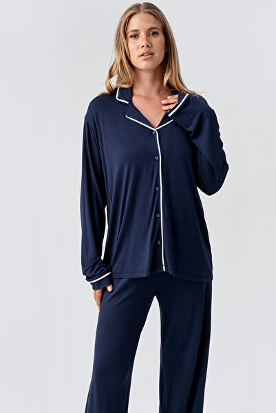 Artış Uzun Kollu Düğmeli Oversize Esnek Viskoz Pijama Takım