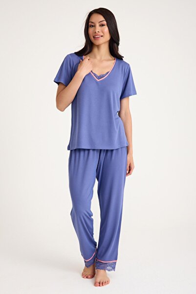 Amarelle Set de pijamale din viscoză gri albastru cu decolteu în V cu detaliu din dantelă