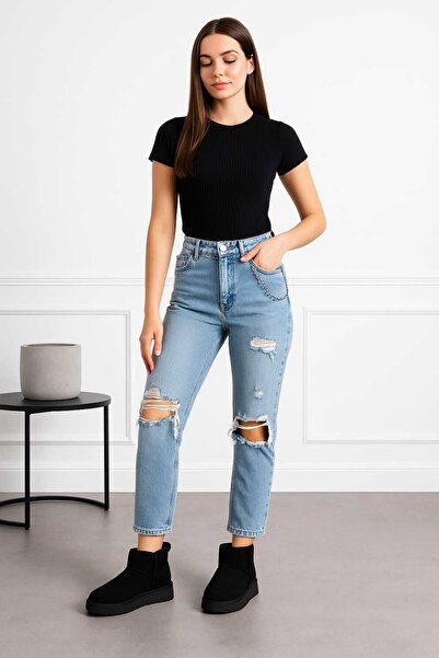 DYG STORE SİYAH MİNİ KADIN SÜET KÜRKLÜ KALIN TABAN BOT