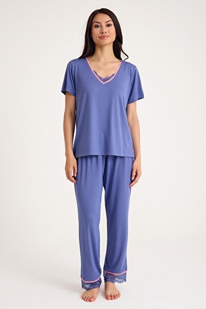 Amarelle Set de pijamale din viscoză gri albastru cu decolteu în V cu detaliu din dantelă