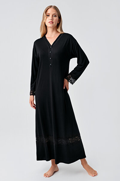 Artış Cămașă de noapte elastică, vâscoasă, cu mânecă lungă, cu nasturi