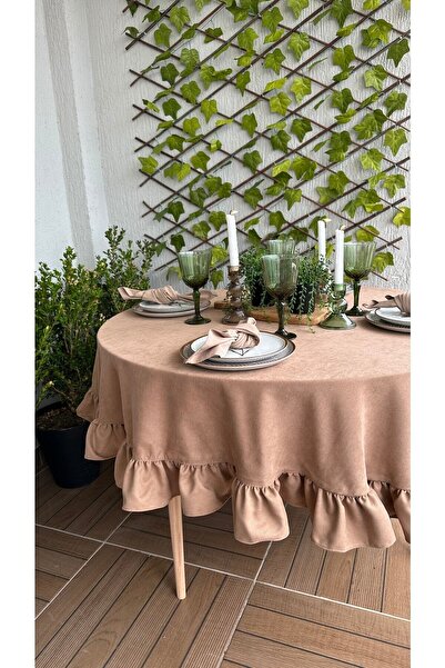 Decamor home Velvet Textured Vintage Milk Coffee Frilly Round Tablecloth Hassle-Free (Napkin Not Included)