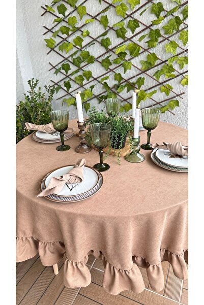 Decamor home Velvet Textured Vintage Milk Coffee Frilly Round Tablecloth Hassle-Free (Napkin Not Included)