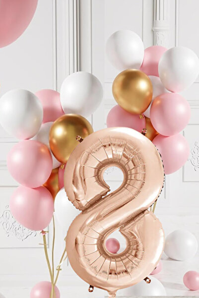tedaks مجموعة بالونات بيضاء وردية ذهبية عتيقة بعمر 8 سنوات مع أرقام بالونات ع...